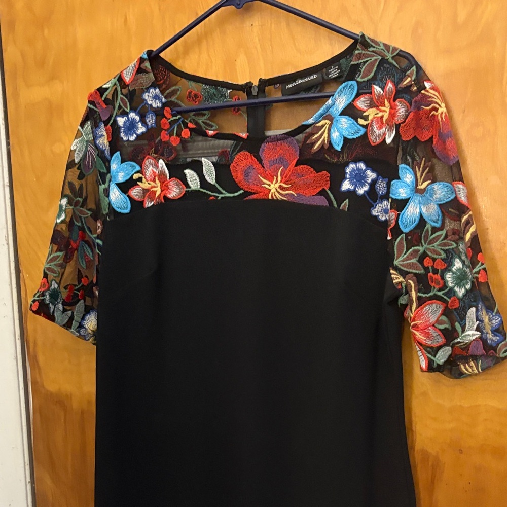 Nina Leonard Black Dress with Colorful Floral Design
